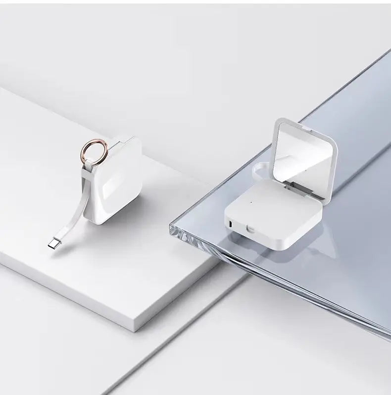 Compact Mirror Keychain with Diamond Accents and Portable Power Bank