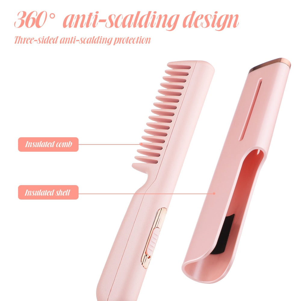 2-in-1 Hair Straightener Tourmaline Ceramic Hair Curler Brush Hair