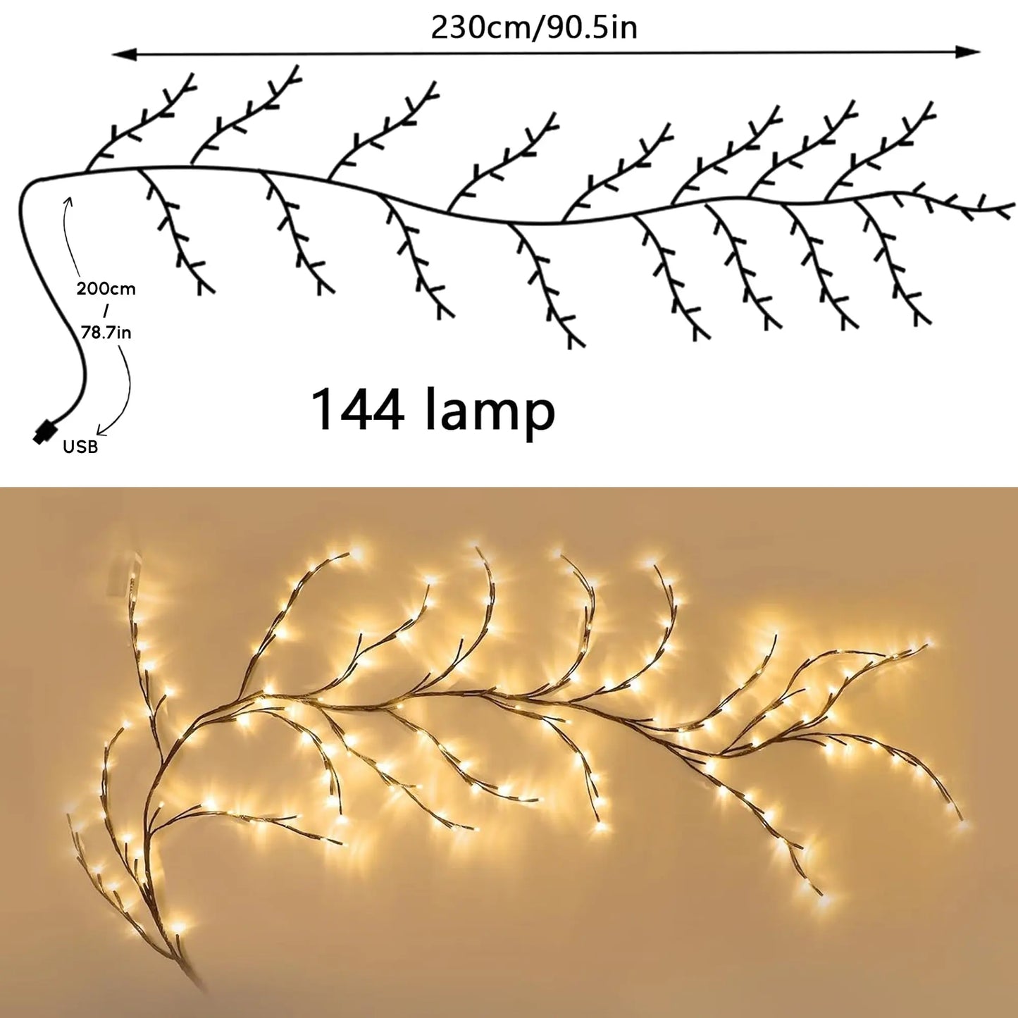 7.55 ft 144 LED USB Flexible Branch Wall Lights Indoor Decor for 
