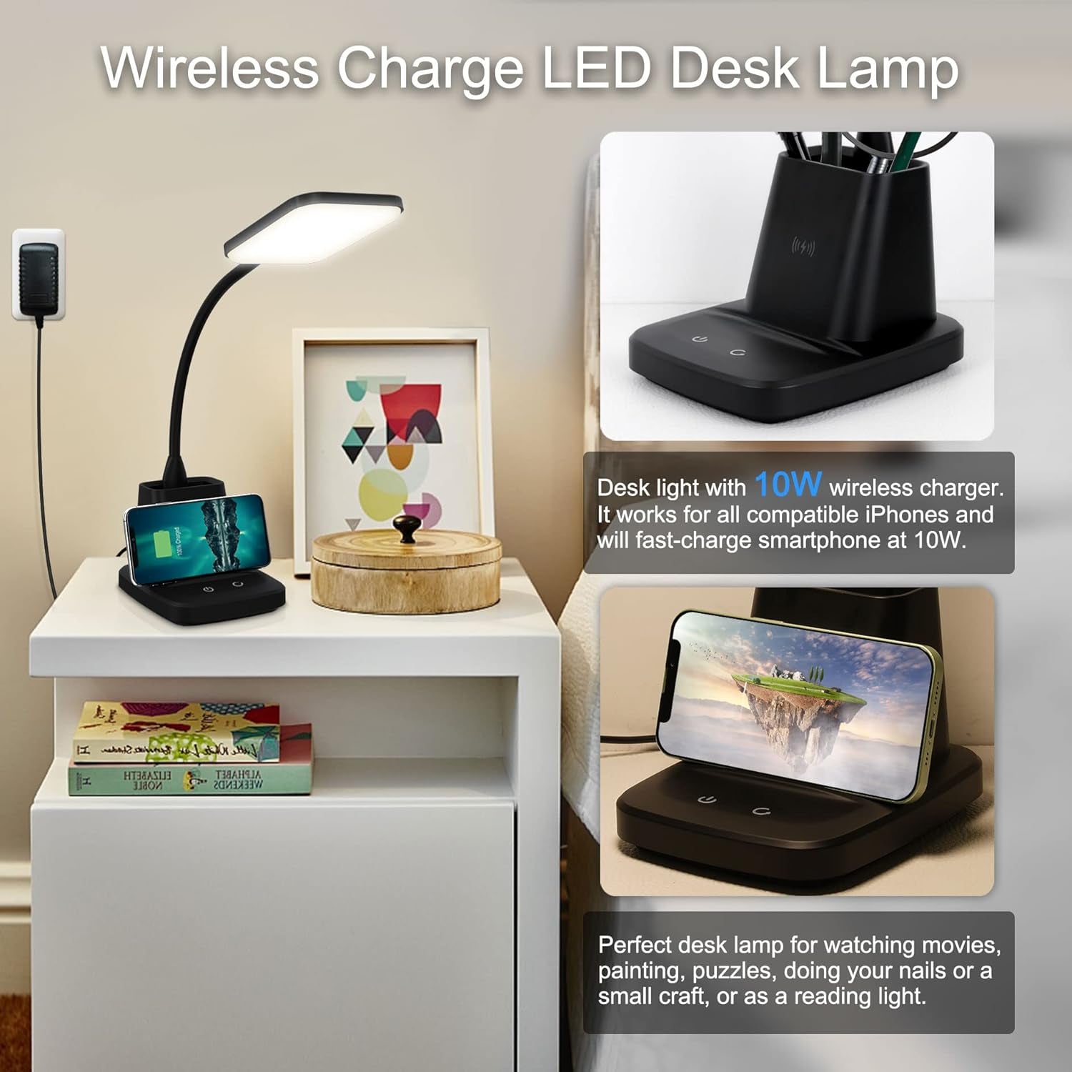 Desk Lamp, LED Desk Lamps for Home Office, Wireless Charger Small Desk 