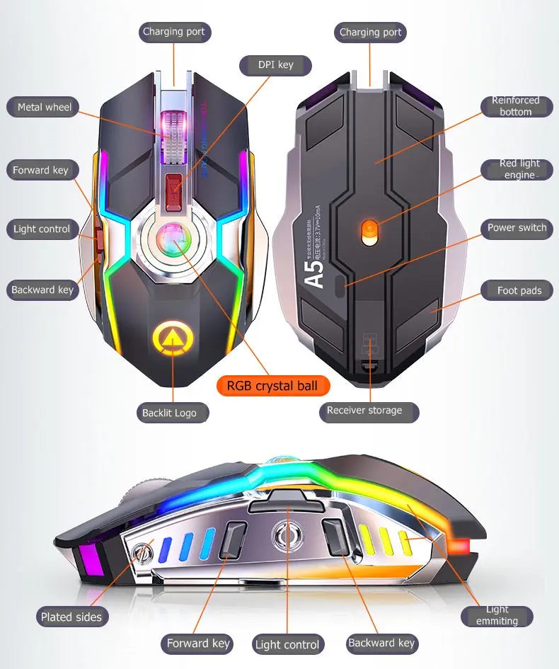 Color Wireless Gaming RGB Rechargeable Mute Button Mouse 