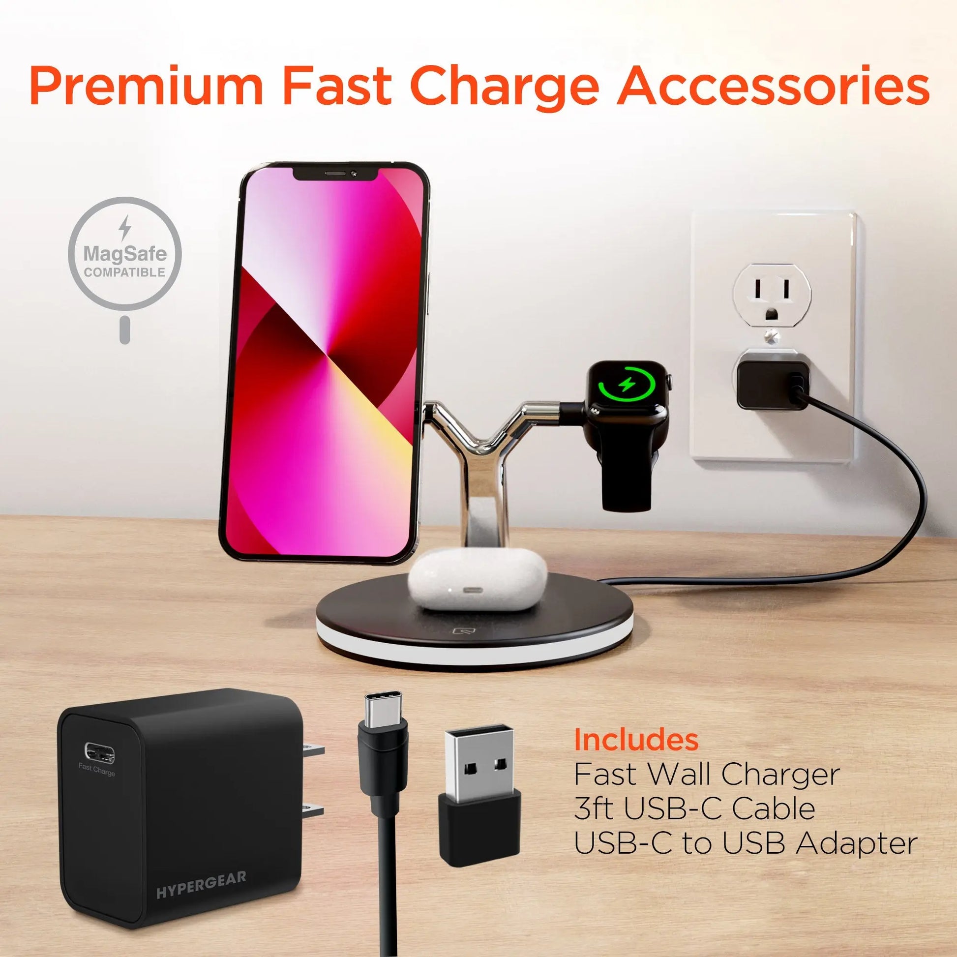 HyperGear MaxCharge 3-in-1 MagSafe Wireless Charging Stand for Phones 