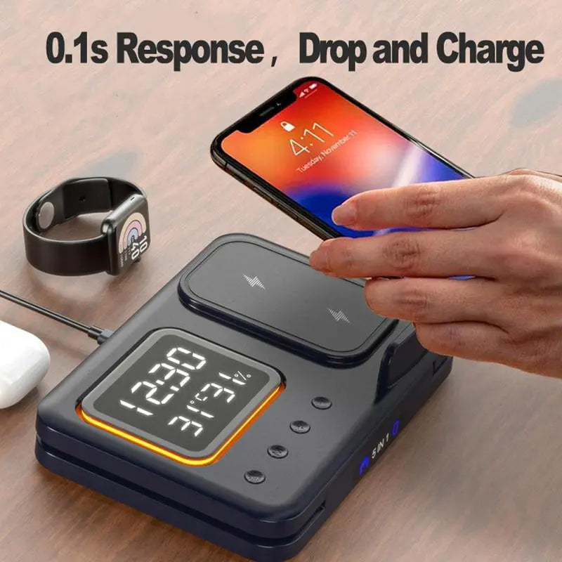 15W Wireless Chargers Stand 5 In1 LED Digital Alarm Clock Fast 