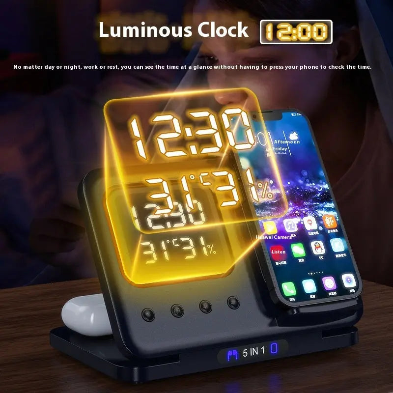 15W Wireless Chargers Stand 5 In1 LED Digital Alarm Clock Fast 
