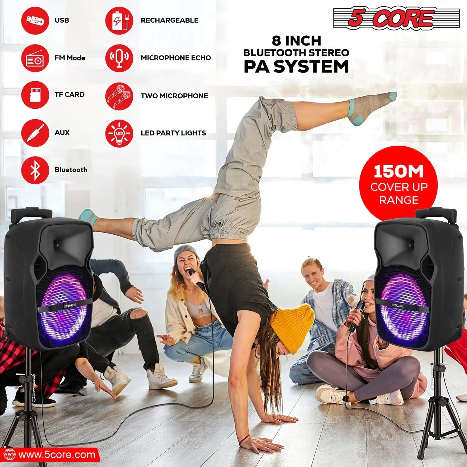5Core 8 inch PA Portable Bluetooth Party Speaker Karaoke Boombox + 2 