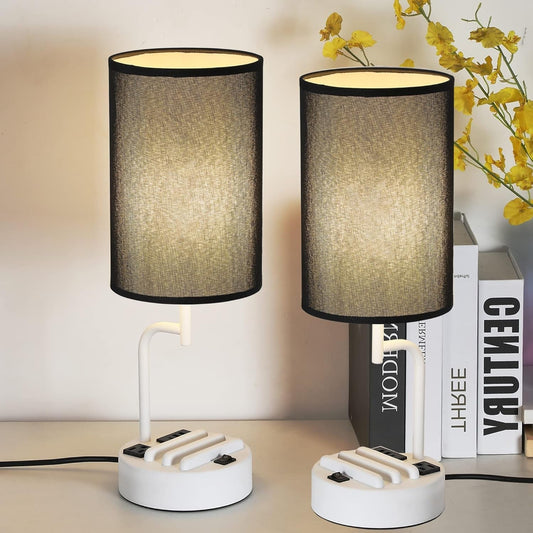Table Lamp with 3 USB Charging Ports, Modern Desk Lamp with AC Outlet 