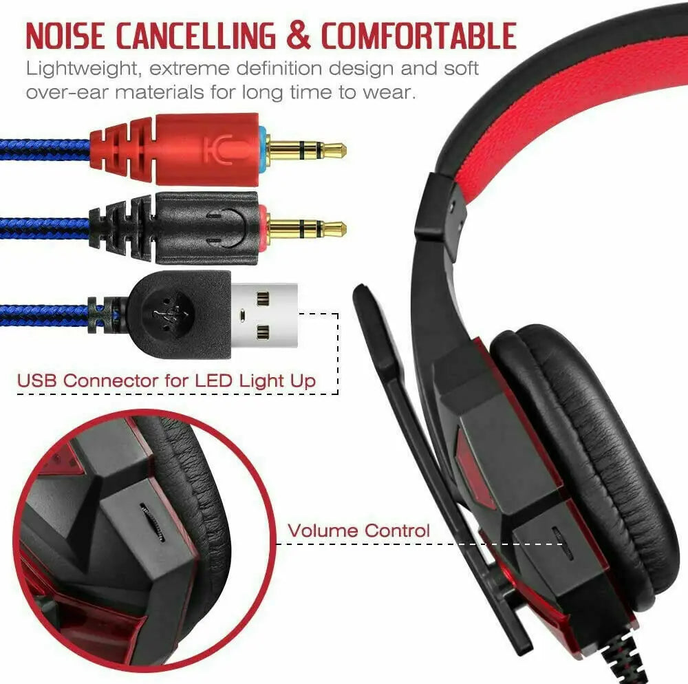3.5mm Gaming Headset Mic LED Headphones Stereo Bass Surround For PC 