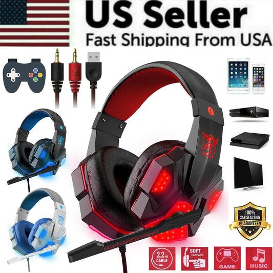 3.5mm Gaming Headset Mic LED Headphones Stereo Bass Surround For PC 