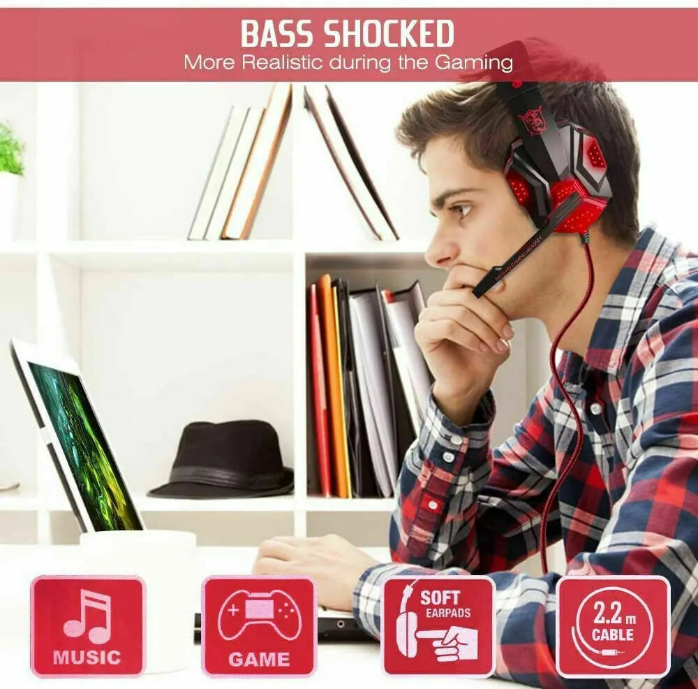 3.5mm Gaming Headset Mic LED Headphones Stereo Bass Surround For PC 