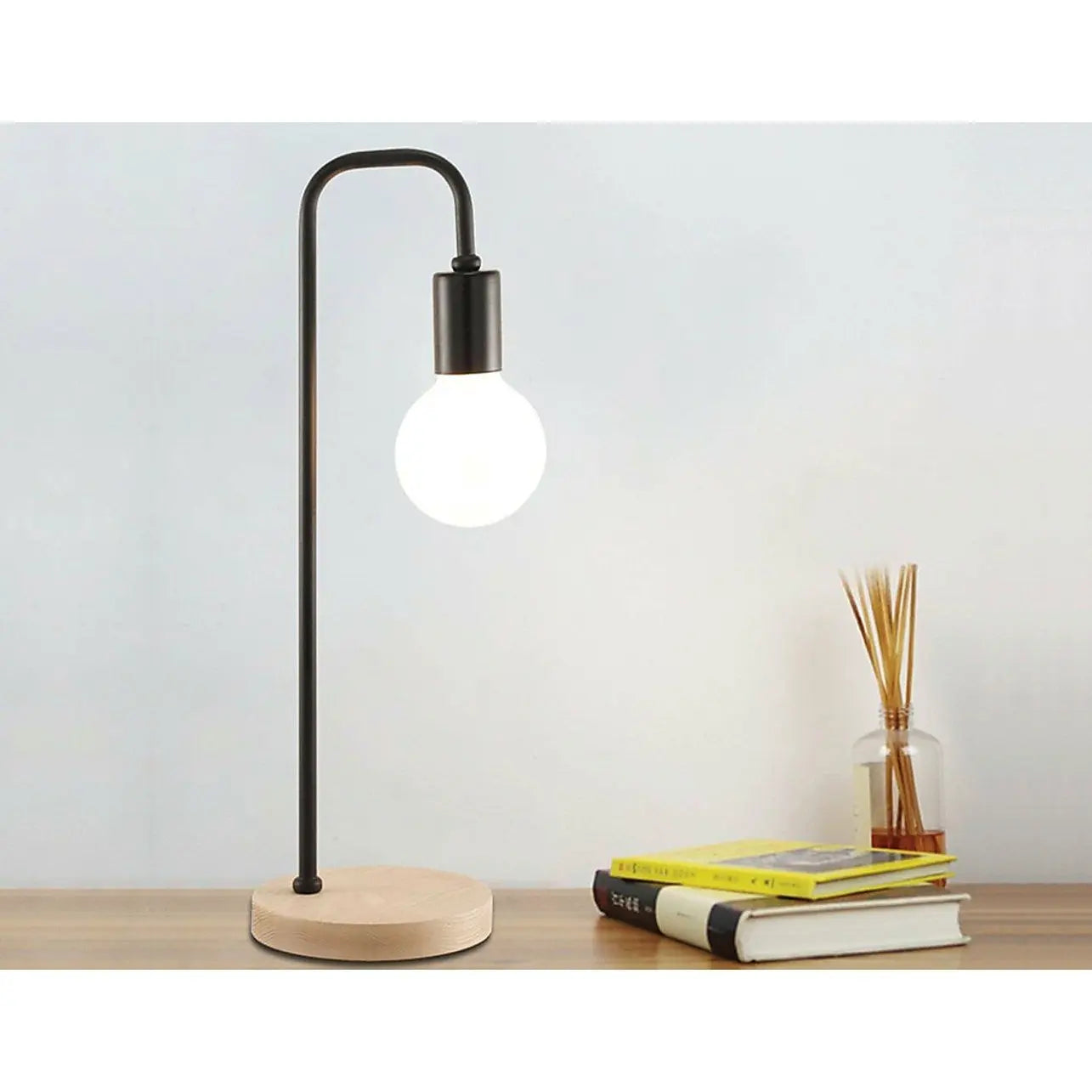 Modern Black Table Lamp Desk Light Timber Base Bedside Bedroom 