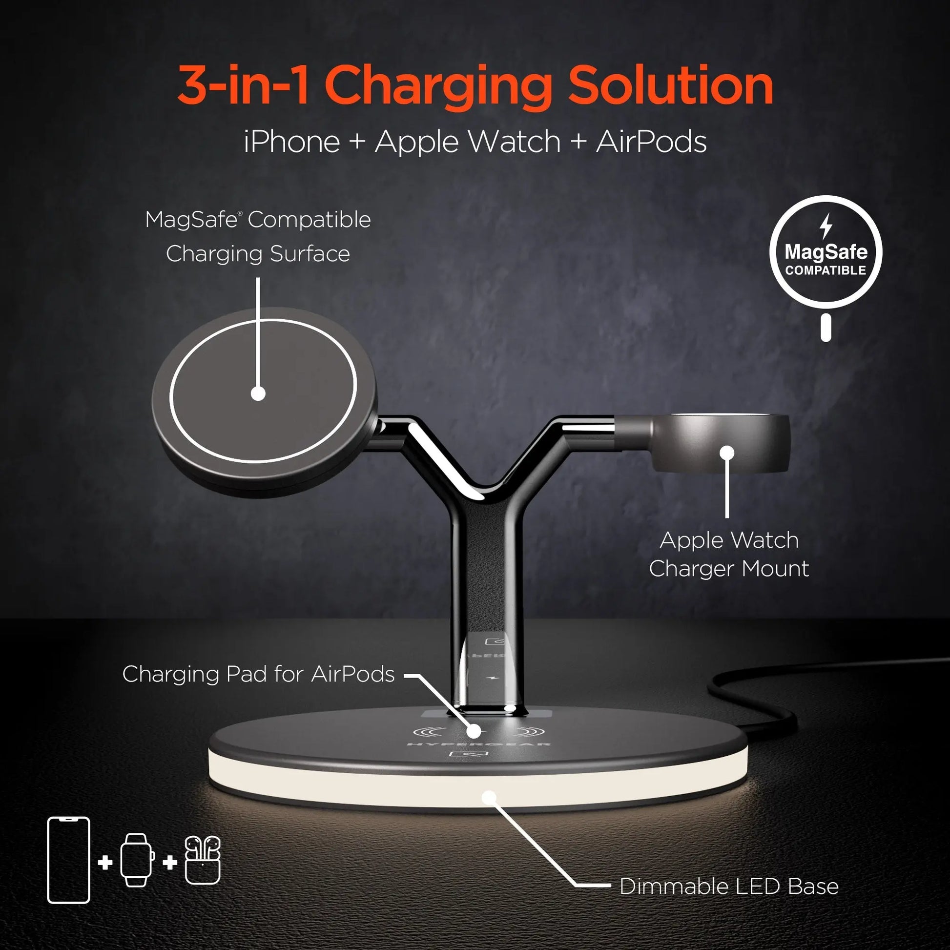 HyperGear MaxCharge 3-in-1 MagSafe Wireless Charging Stand for Phones 