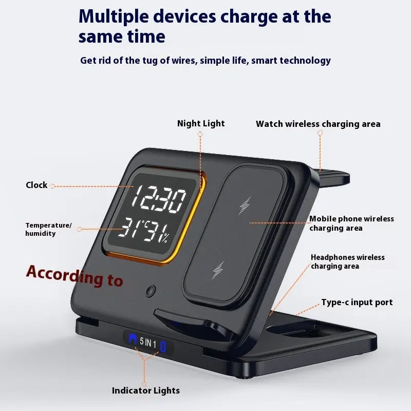 15W Wireless Chargers Stand 5 In1 LED Digital Alarm Clock Fast 