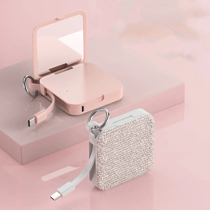 Compact Mirror Keychain with Diamond Accents and Portable Power Bank 