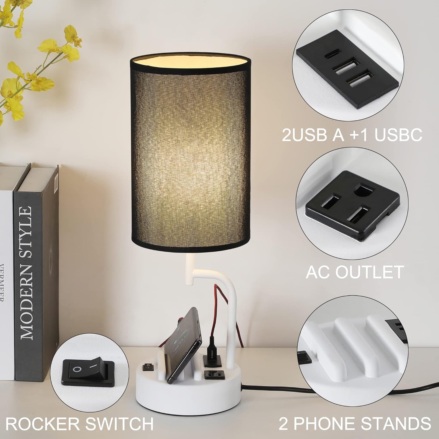 Table Lamp with 3 USB Charging Ports, Modern Desk Lamp with AC Outlet 