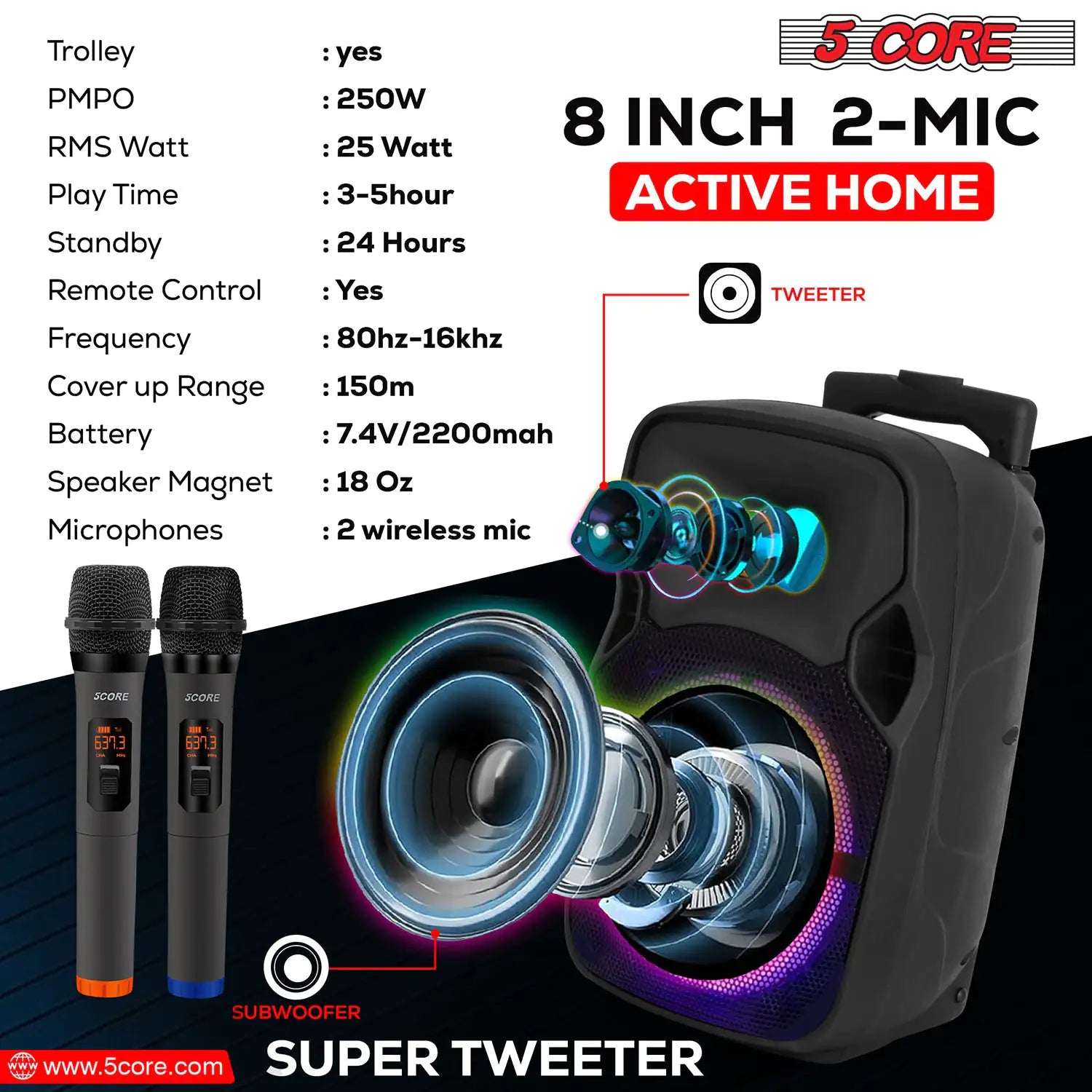 5Core 8 inch PA Portable Bluetooth Party Speaker Karaoke Boombox + 2 