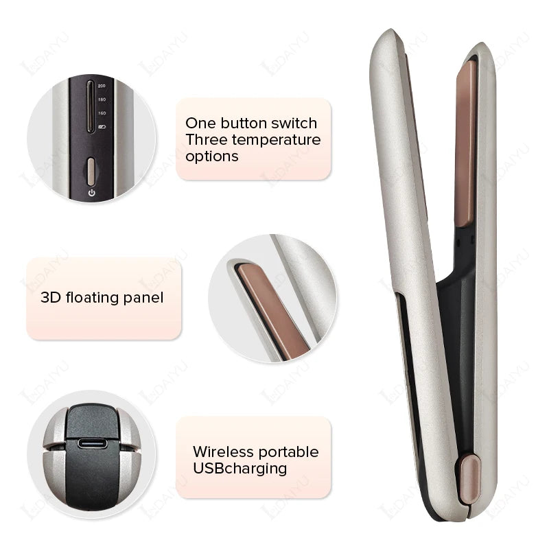 Cordless Hair Straightener Mini Portable Wireless Curler USB 