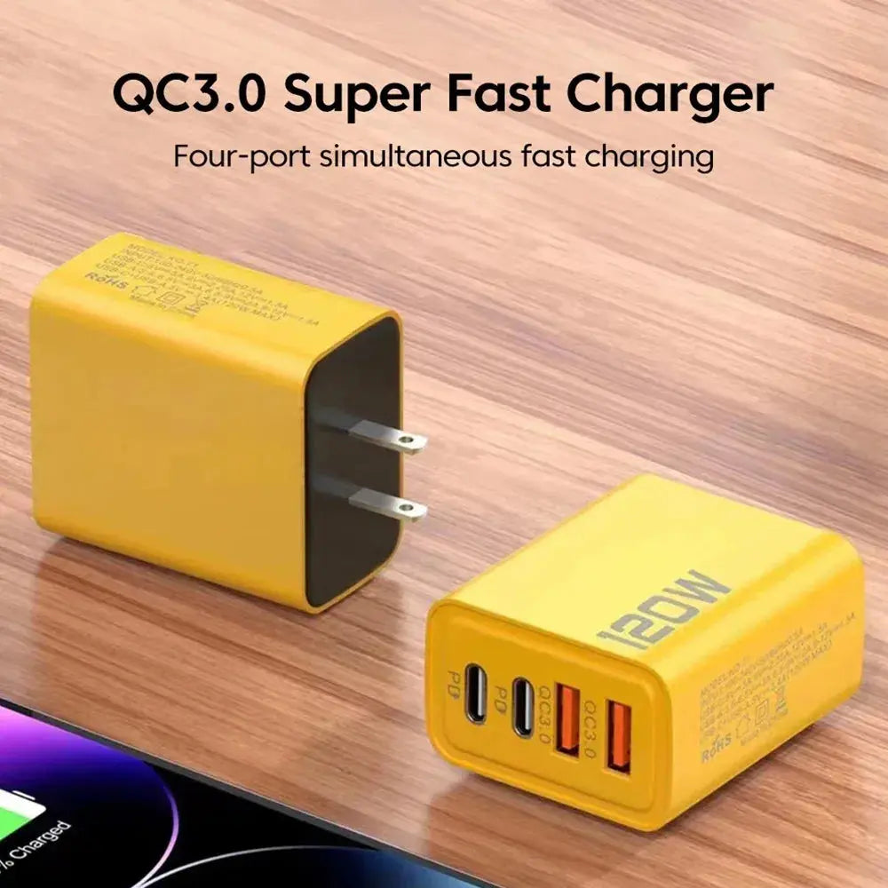 4 Port USB Charger Total 120W Type C Fast Charge Mobile Phone Adapter For iPhone Samsung Xiaomi Huawei Quick Charge Wall Charger No BrandLK