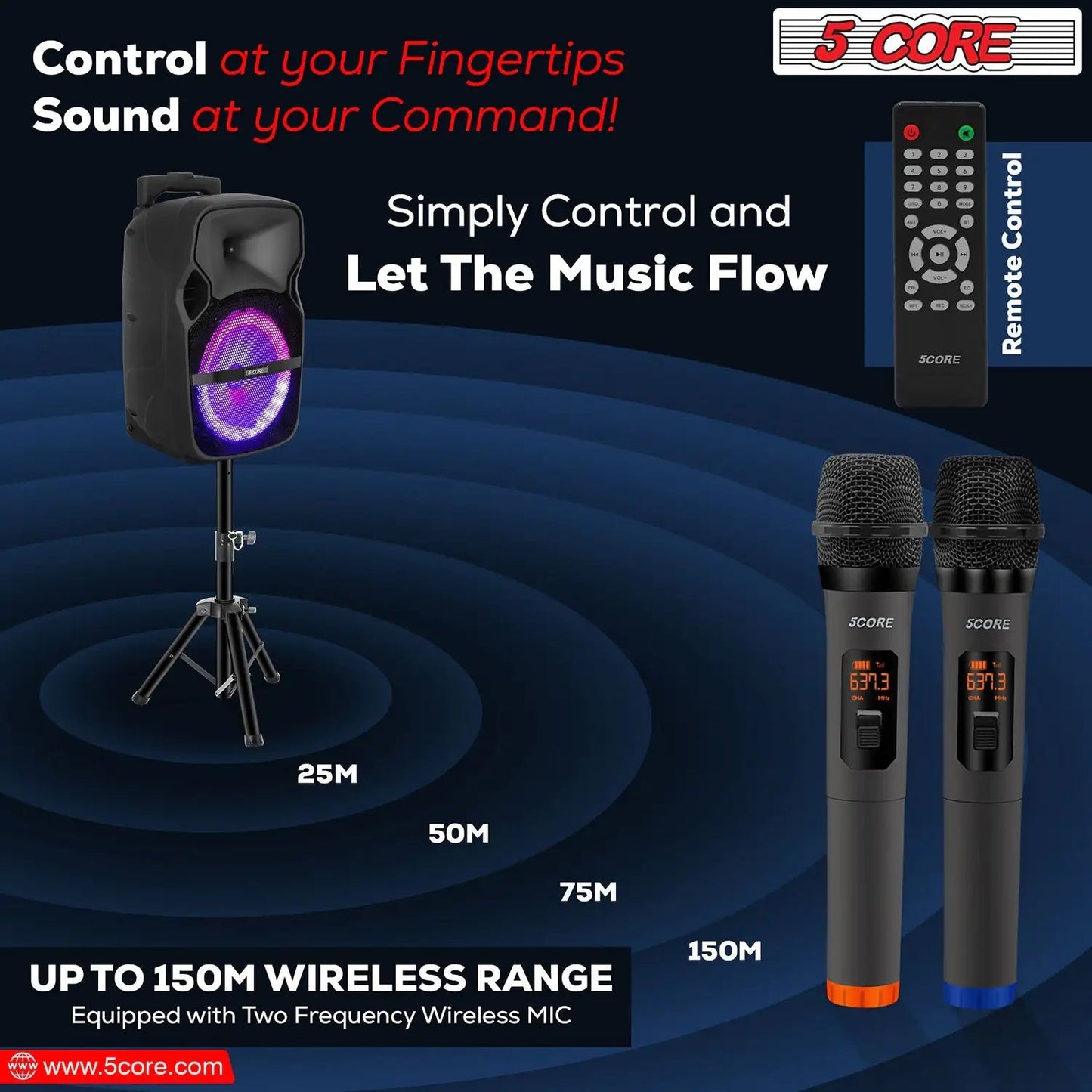 5Core 8 inch PA Portable Bluetooth Party Speaker Karaoke Boombox + 2 