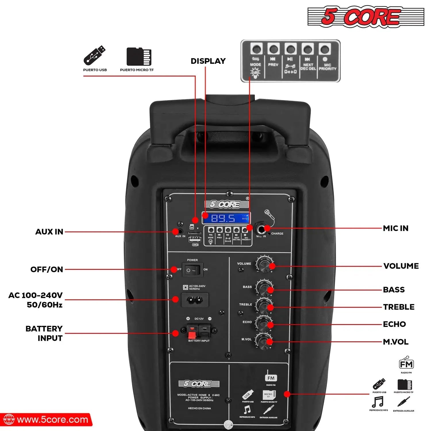 5Core 8 inch PA Portable Bluetooth Party Speaker Karaoke Boombox + 2 