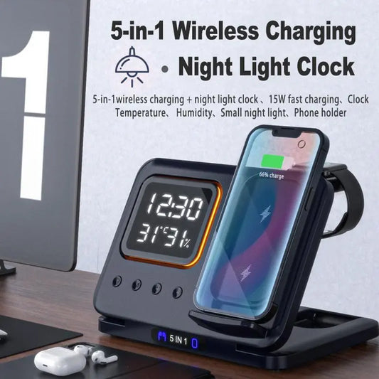 15W Wireless Chargers Stand 5 In1 LED Digital Alarm Clock Fast 