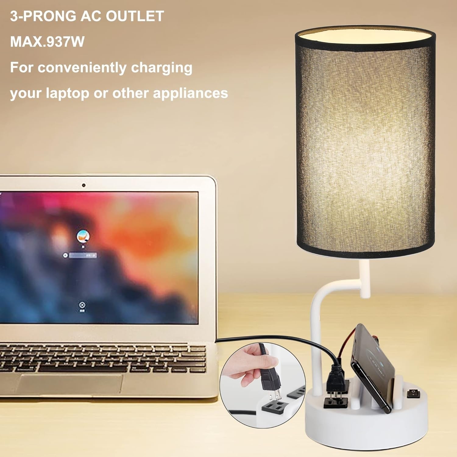 Table Lamp with 3 USB Charging Ports, Modern Desk Lamp with AC Outlet 