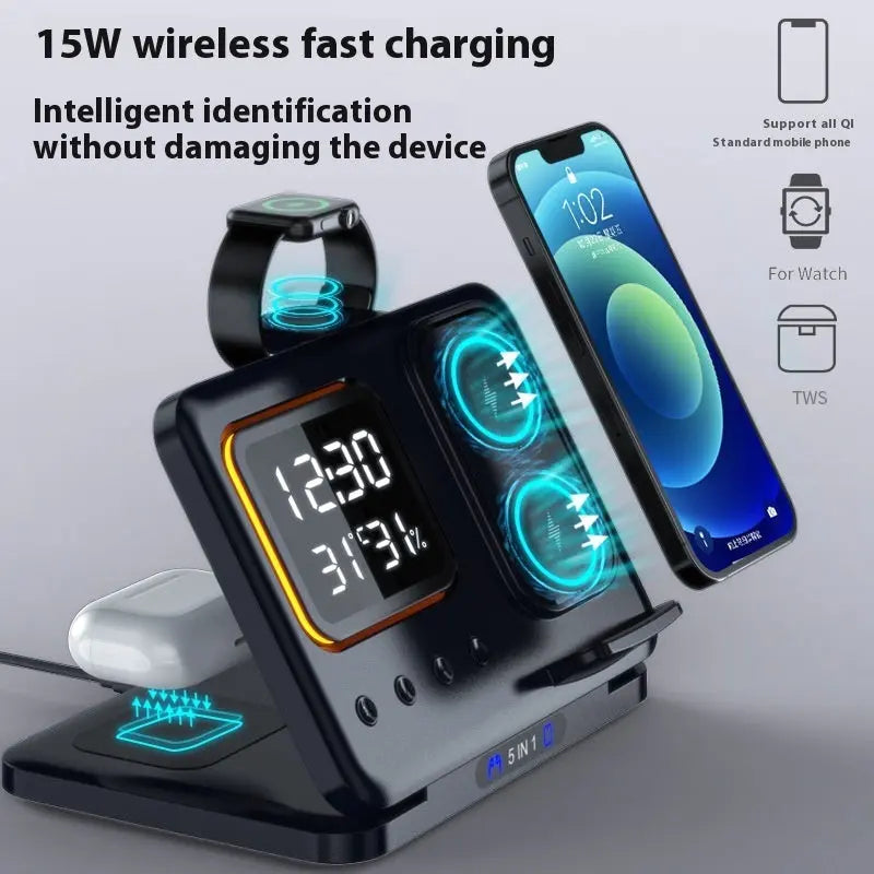 15W Wireless Chargers Stand 5 In1 LED Digital Alarm Clock Fast 