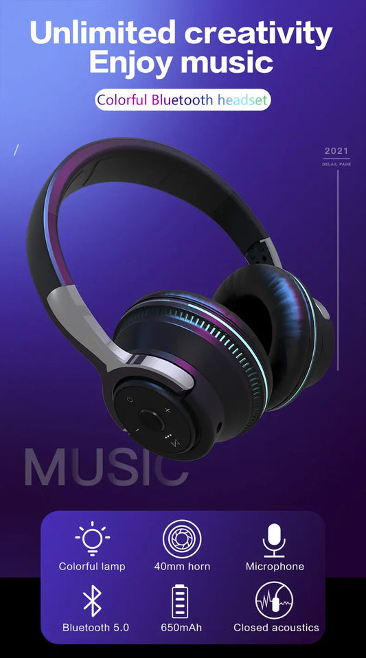 Colorful LED Lights Bluetooth Headphone Bass Wireless Earphones 