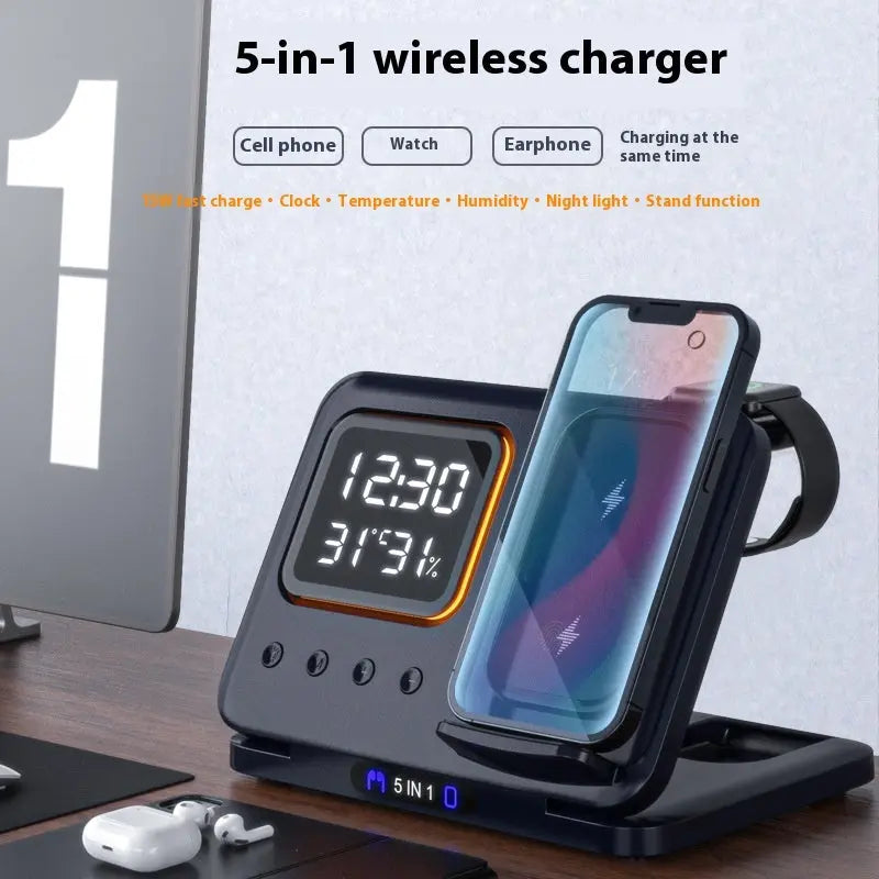 15W Wireless Chargers Stand 5 In1 LED Digital Alarm Clock Fast 