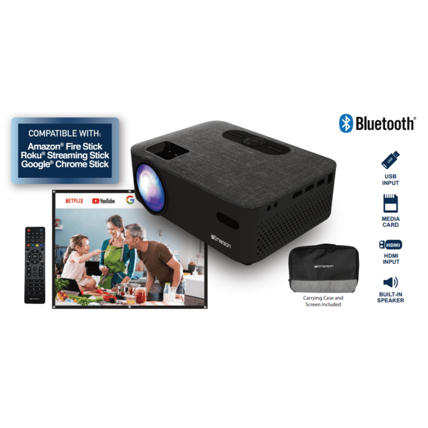 Emerson Portable Projector with Portable Screen and Carry Case 