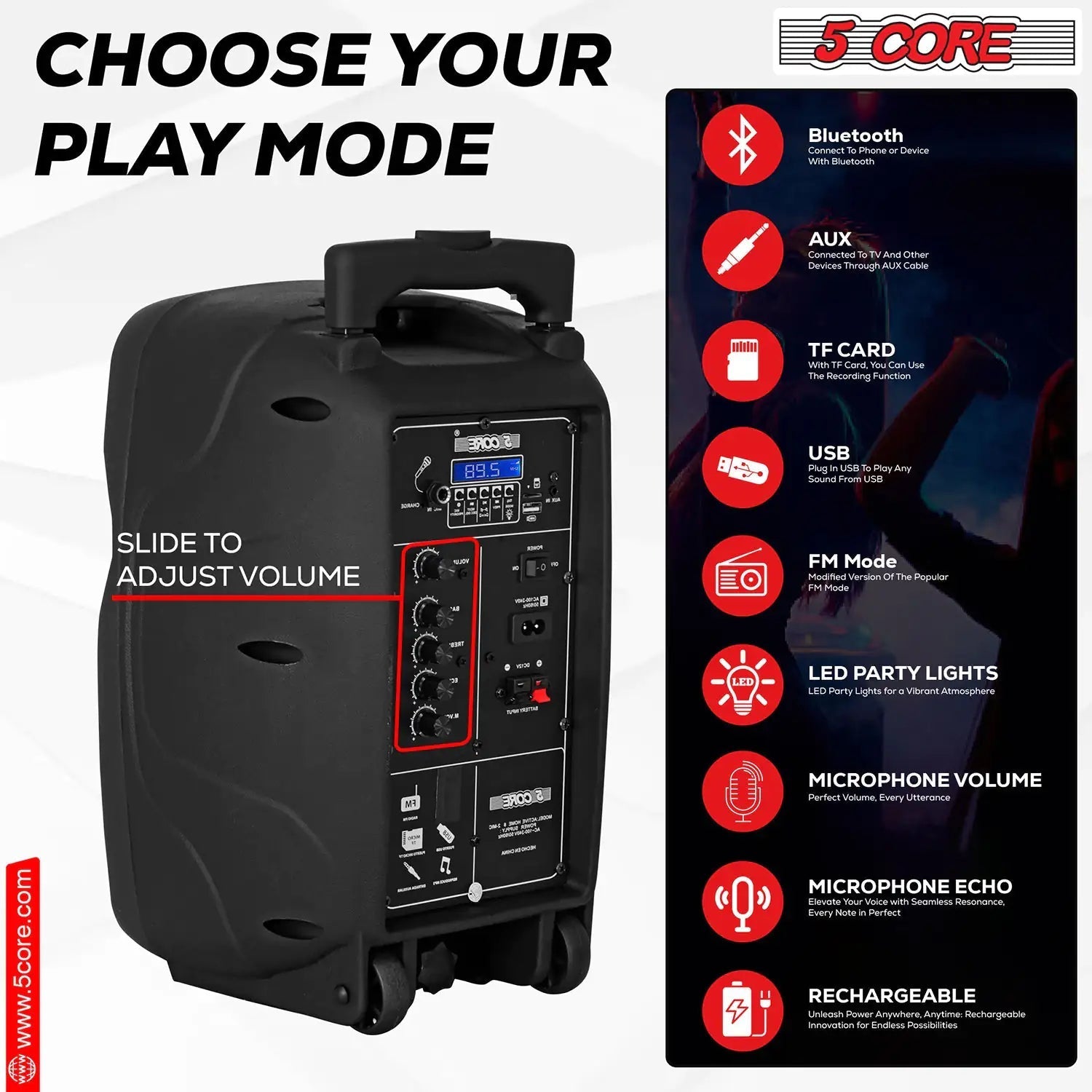 5Core 8 inch PA Portable Bluetooth Party Speaker Karaoke Boombox + 2 