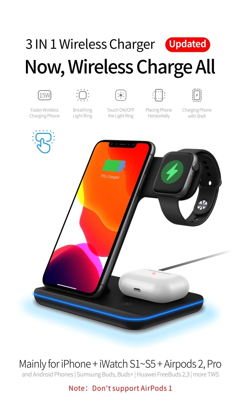 Ninja 15W 3 in 1 Fast Wireless Charging Station for Mobile Phones 