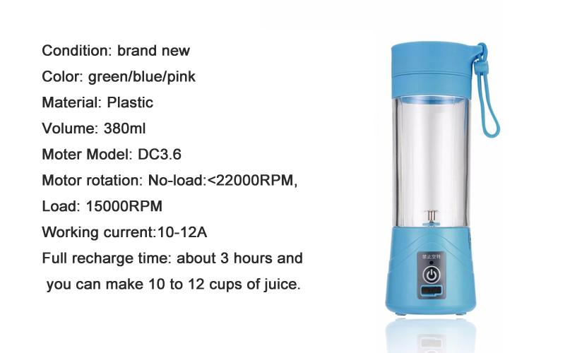 Portable Smoothie Blender, 380ml Juicer Bottle, USB Rechargeable, For 