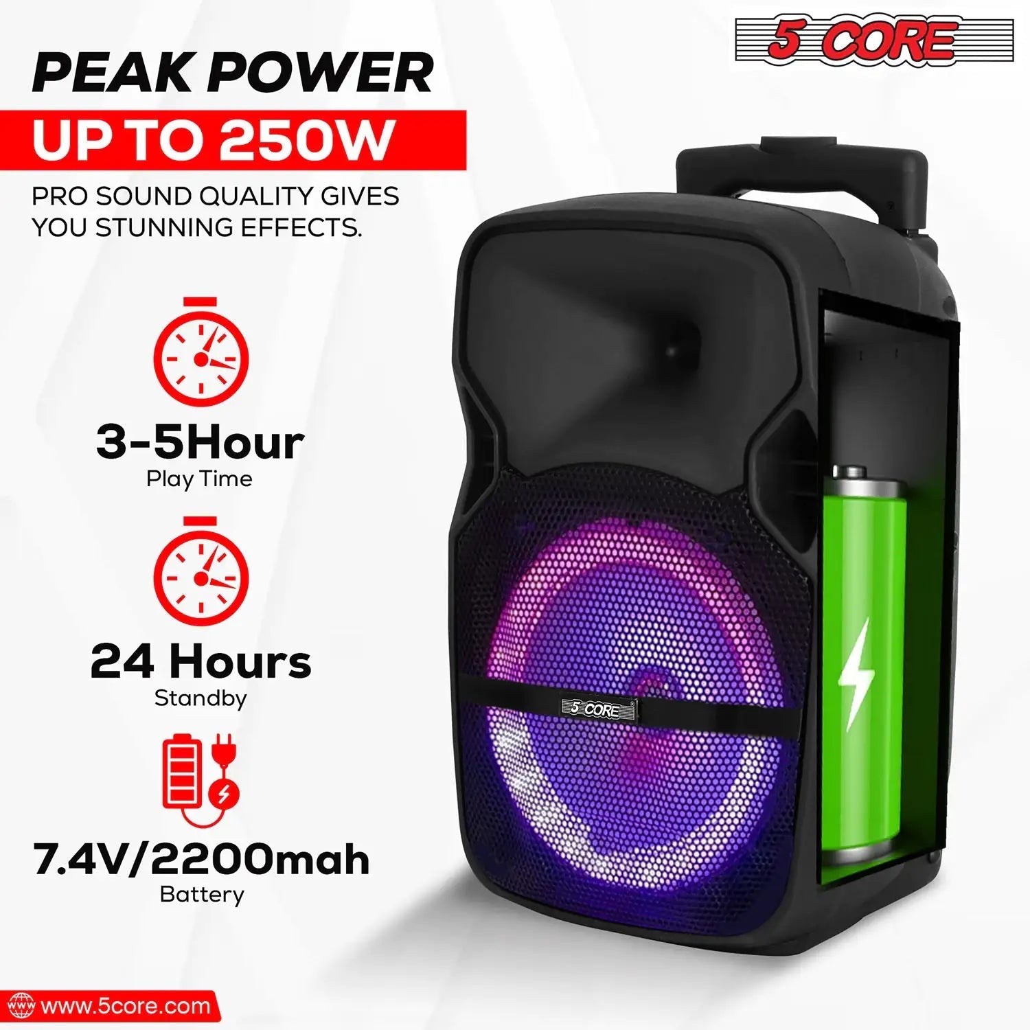 5Core 8 inch PA Portable Bluetooth Party Speaker Karaoke Boombox + 2 